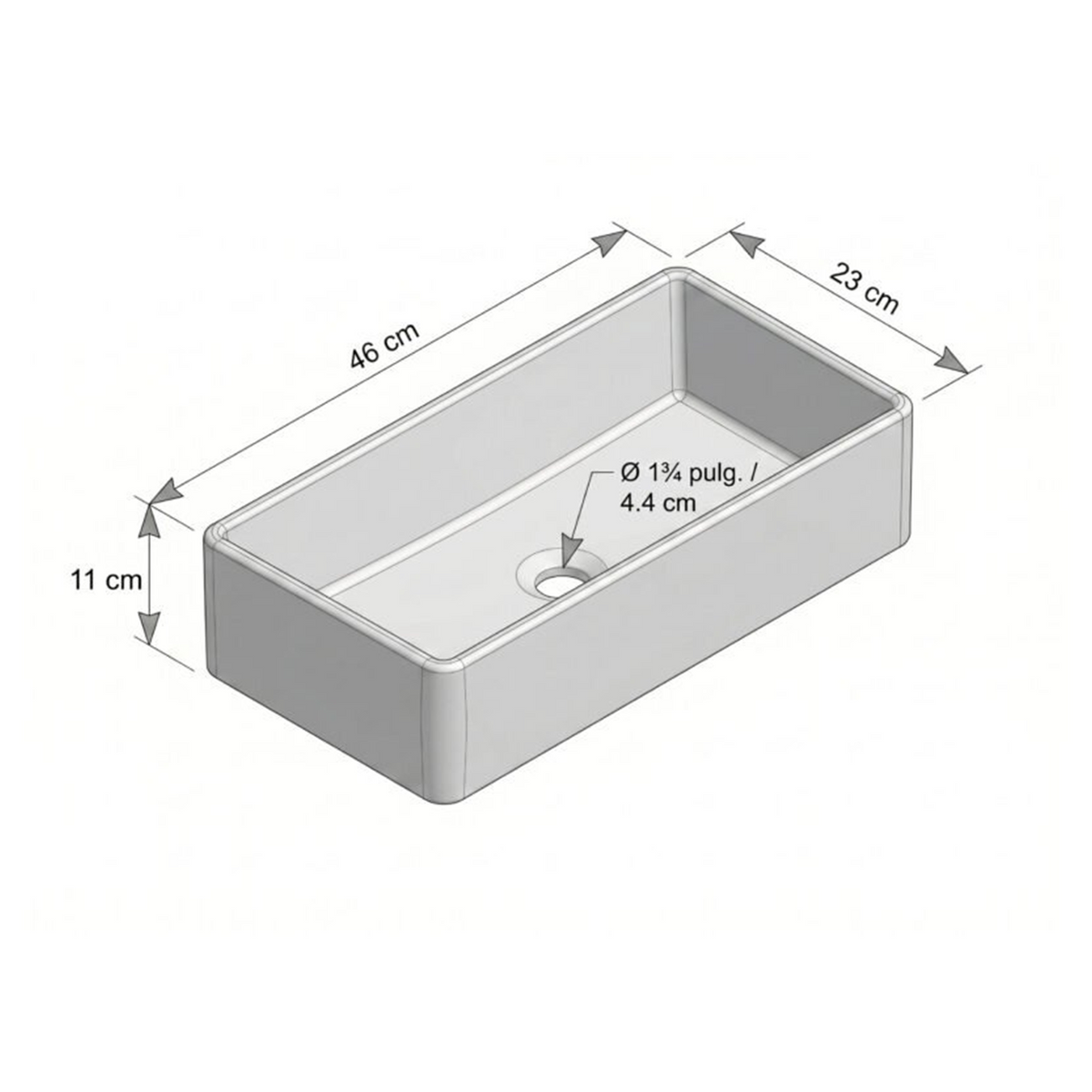 Lavamanos Waco Rectangular Blanco 46 × 23 cm — croquis original con medidas verificadas