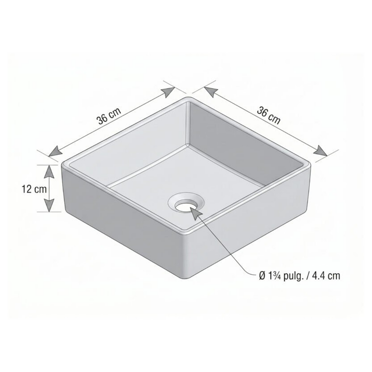Lavamanos Square Cuadrado Blanco 36 cm — croquis original con medidas verificadas