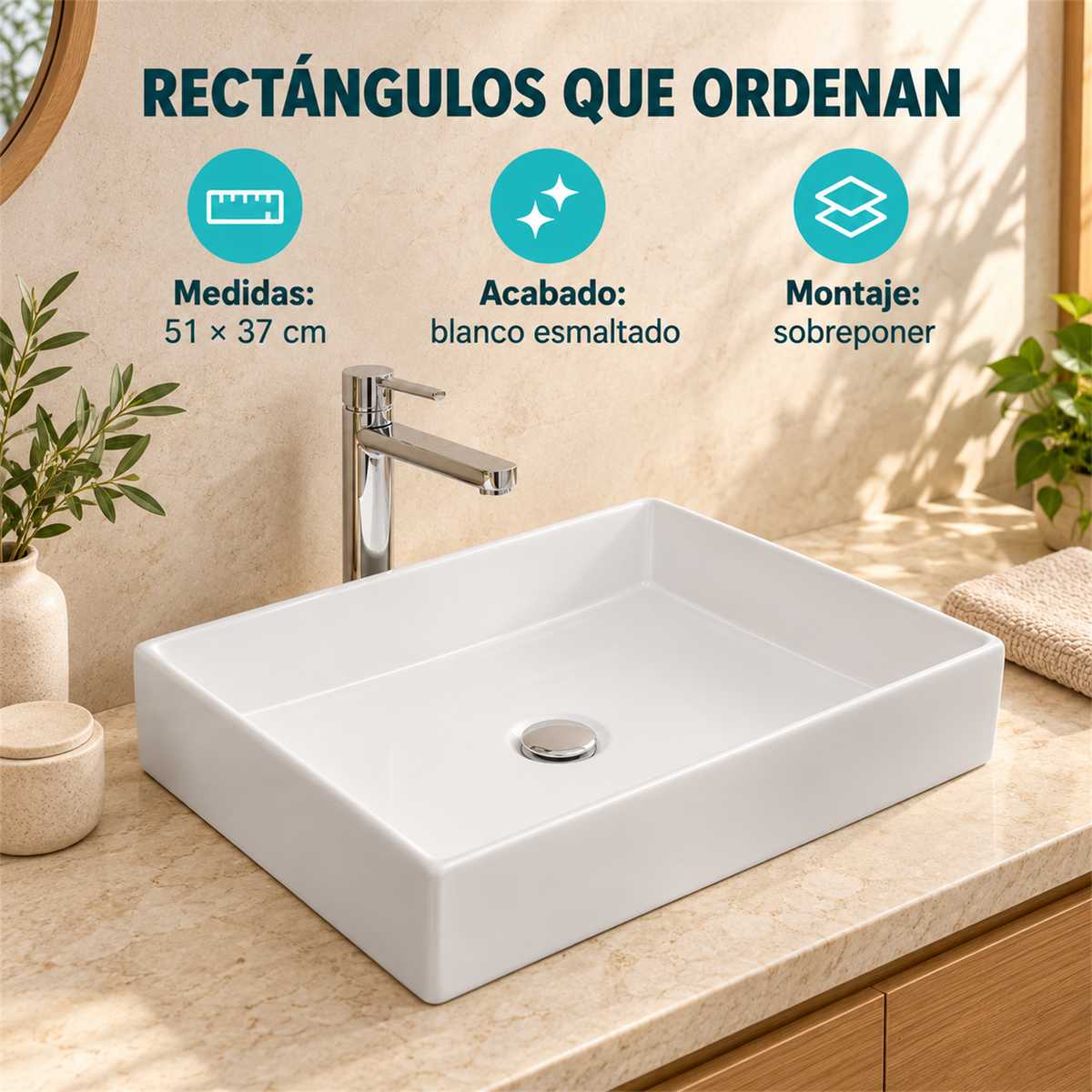 Lavamanos Florida Rectangular Blanco 51 × 37 cm — características verificadas