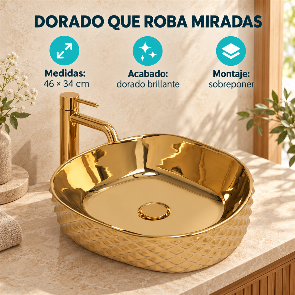 Lavamanos Crystal Dorado Brillante 46 × 34 cm — características verificadas