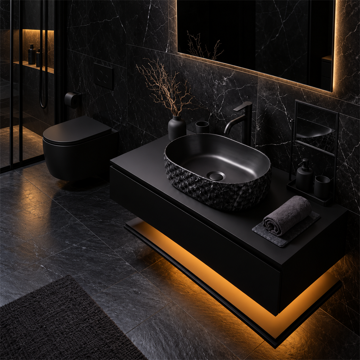 Lavamanos Crystal Negro Calacata 46 × 34 cm — ambientación de baño