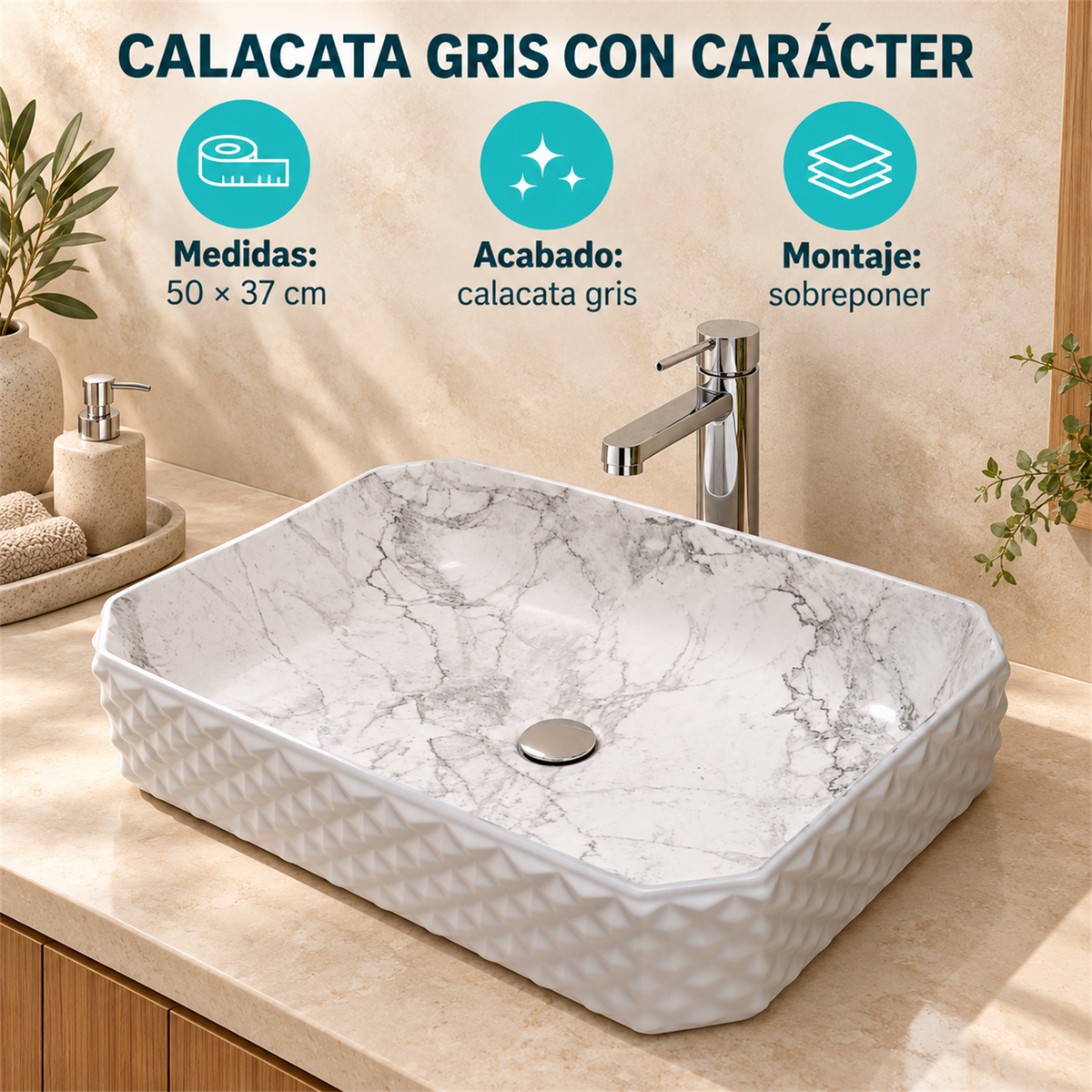 Lavamanos Stella Calacata Gris 50 × 37 cm — características verificadas