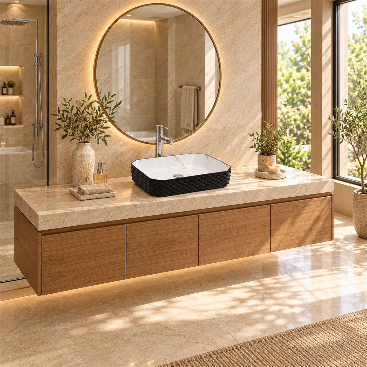 Lavamanos Stella Negro Con Interior Calacata 50 × 37 cm — ambientación amplia de baño