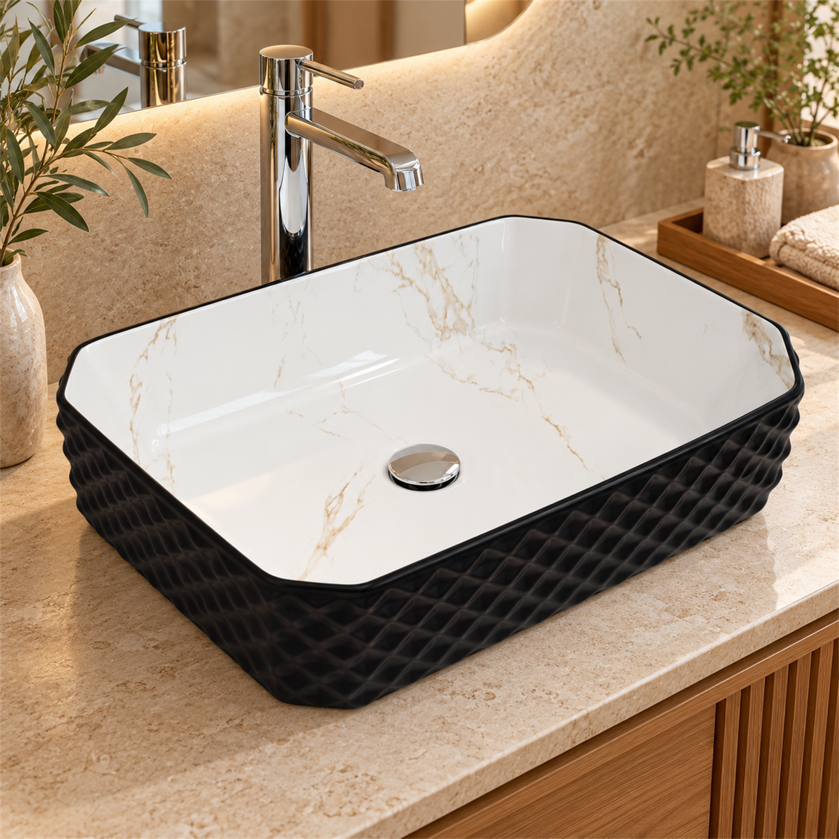 Lavamanos Stella Negro Con Interior Calacata 50 × 37 cm — detalle del producto