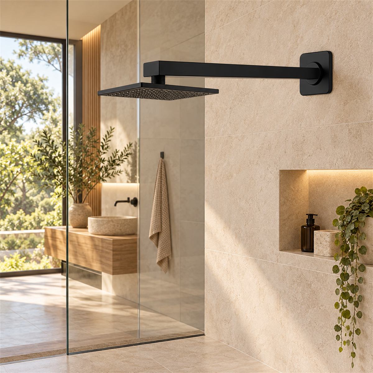Tubo Para Regadera Cuadrado Negro 40 cm — ambientación instalada de ducha