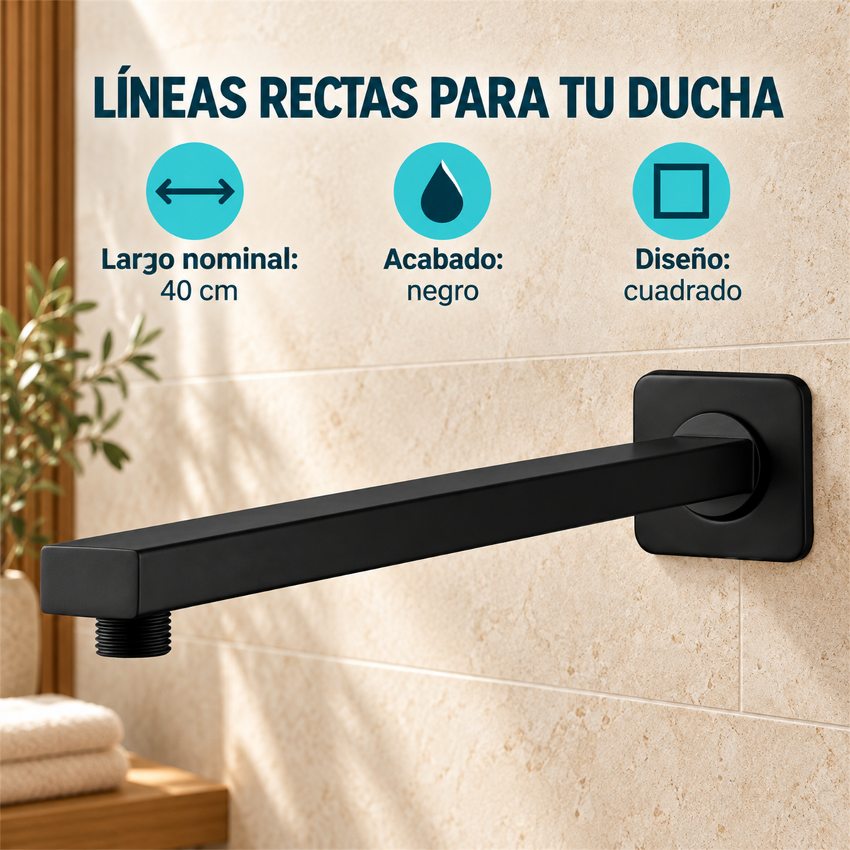 Tubo Para Regadera Cuadrado Negro 40 cm — características verificadas