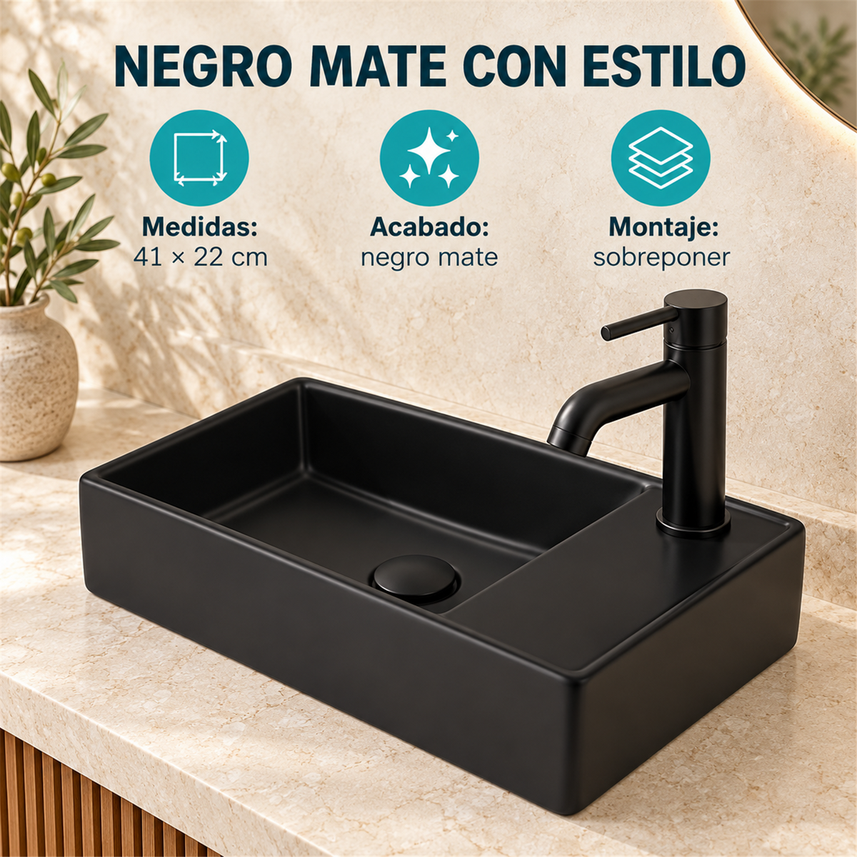 Lavamanos Nashville Negro Mate 41 × 22 cm — características