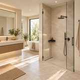 Repisa esquinera curva gris en aluminio en ducha, vista amplia con proporciones naturales