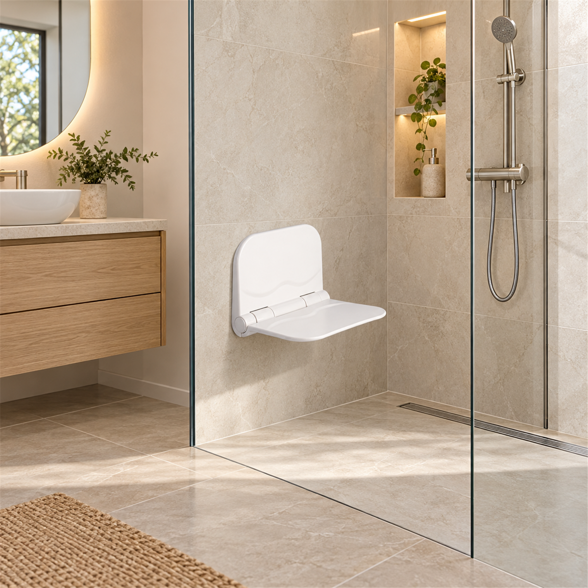 Silla Plegable Para Ducha Blanca En Polipropileno - Ambientación amplia