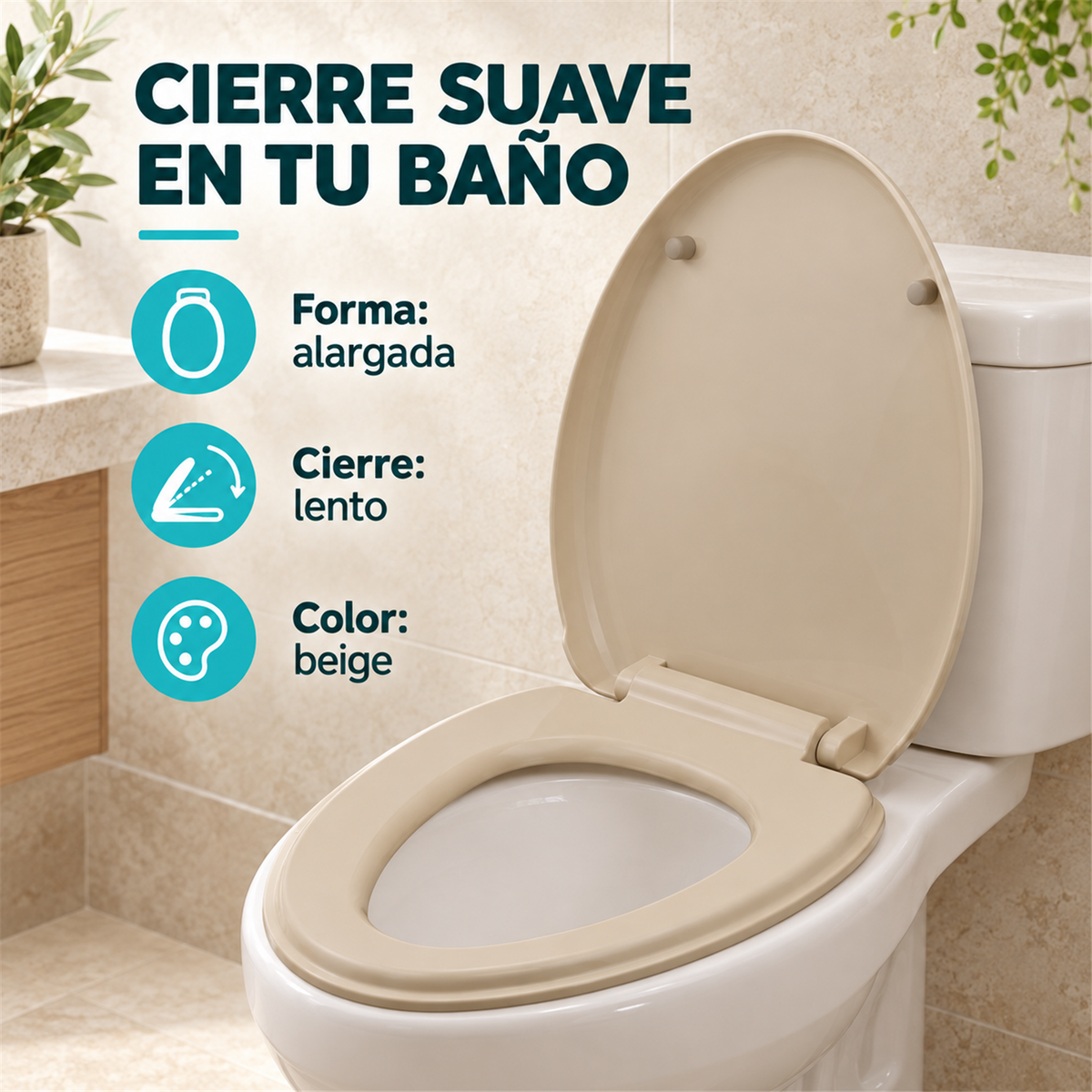 Tapa Sanitaria Alargada De Cierre Lento Beige - Características verificadas