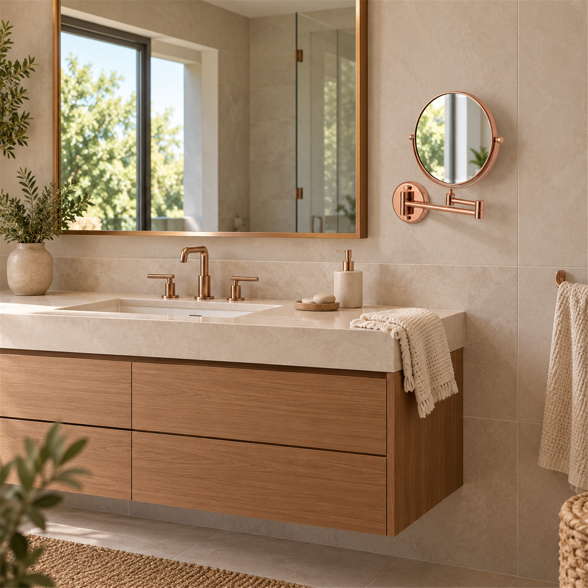 Espejo Circular Articulado Oro Rosa - Ambientación amplia con escala natural
