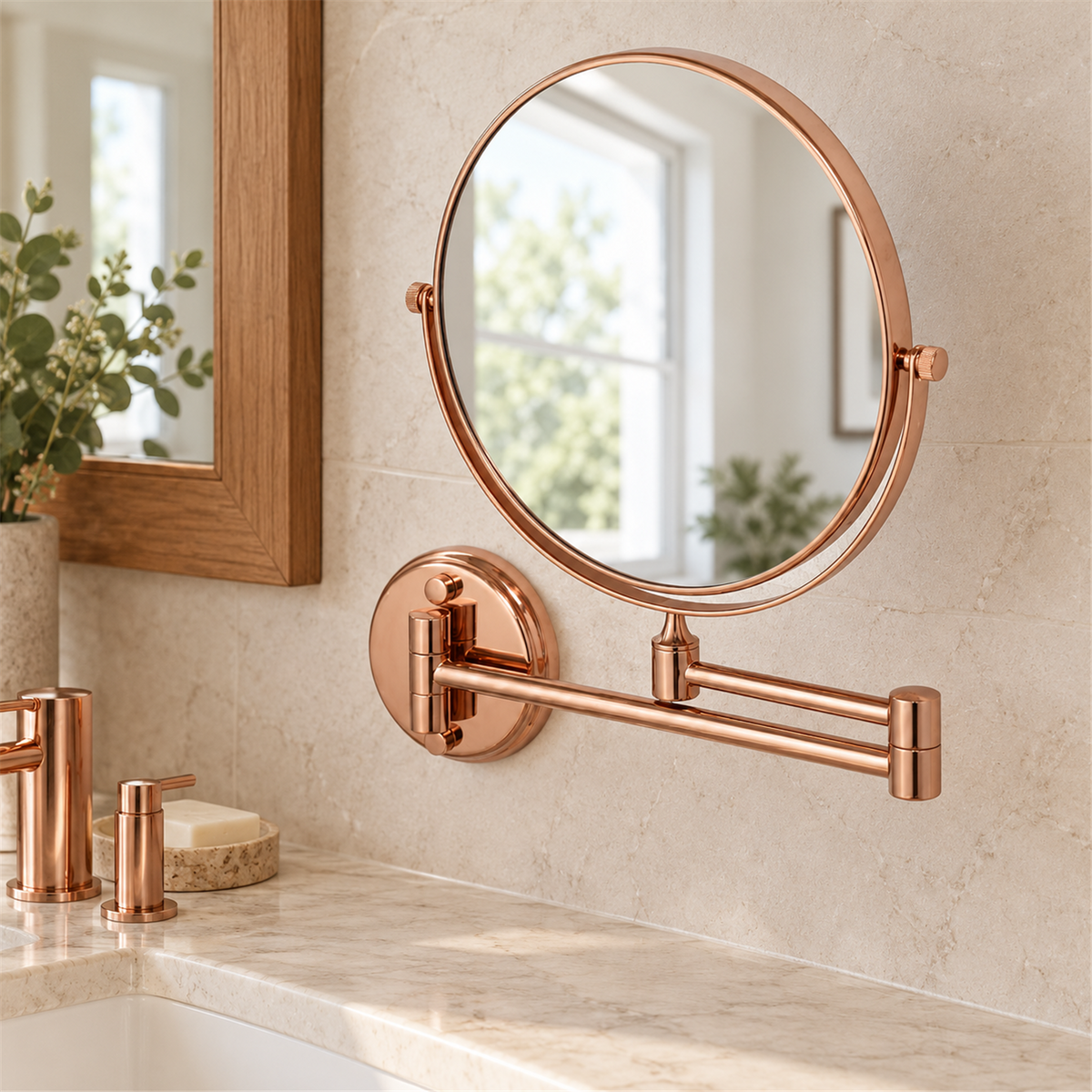 Espejo Circular Articulado Oro Rosa - Vista cercana del producto