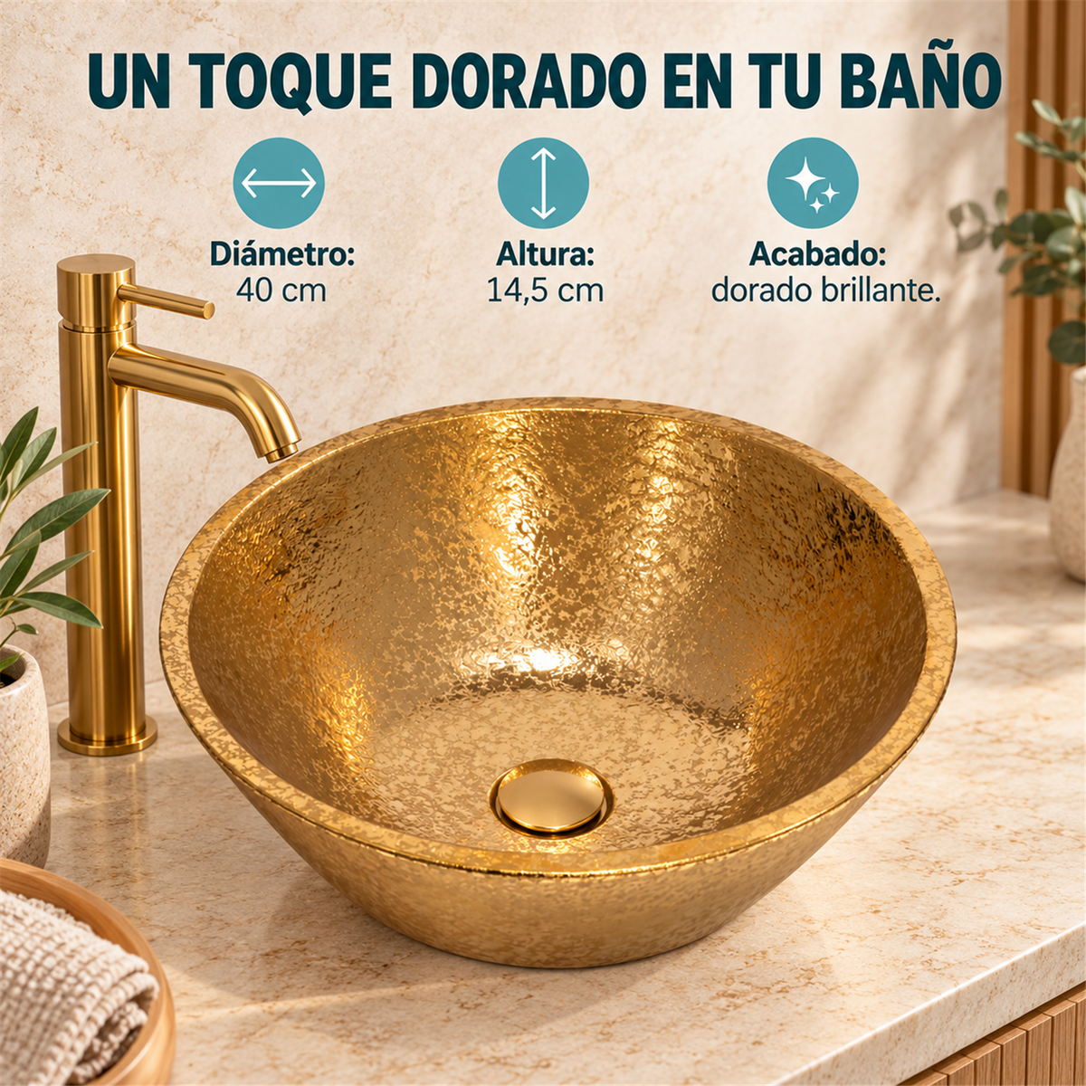 Lavamanos Cónico Dorado Ø40 cm - Características verificadas