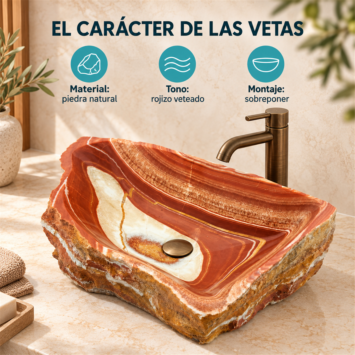 Lavamanos En Piedra Natural Veteado Rojizo - Características verificadas