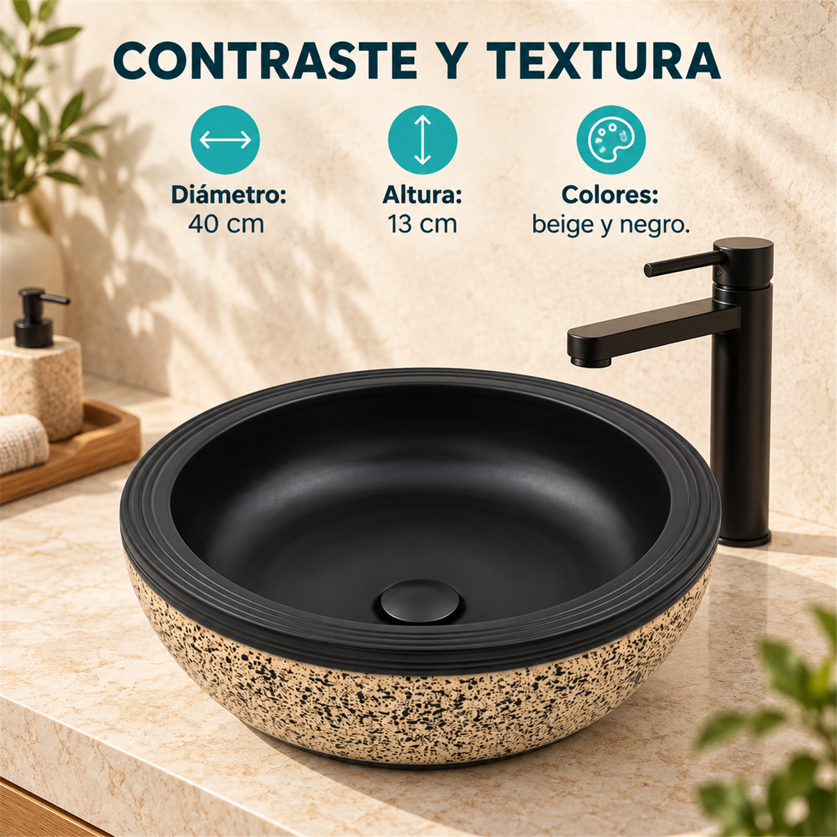 Lavamanos Moldy Beige Y Negro Ø40 cm - Características verificadas