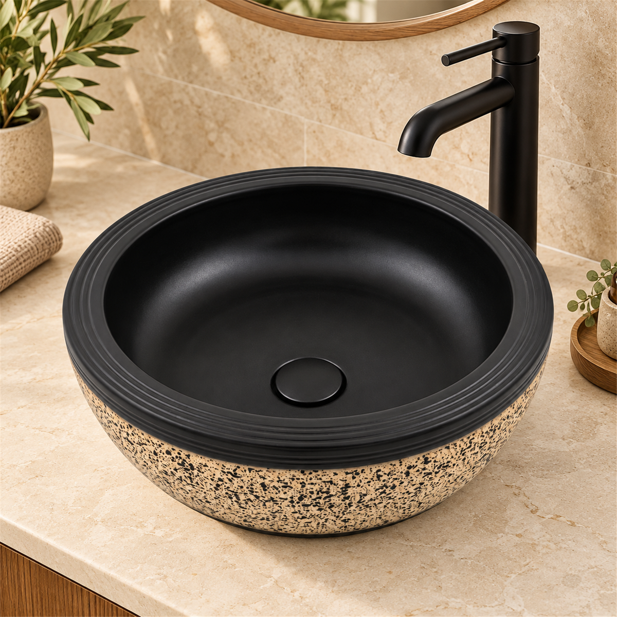 Lavamanos Moldy Beige Y Negro Ø40 cm - Vista cercana del producto