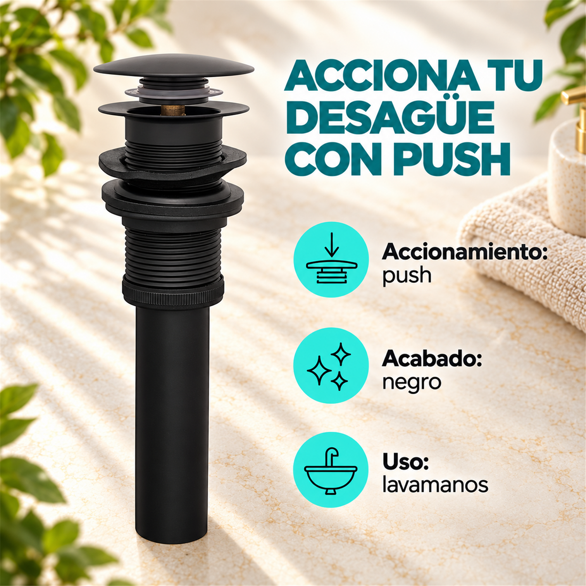 Desagüe Push Negro Para Lavamanos - Características del producto