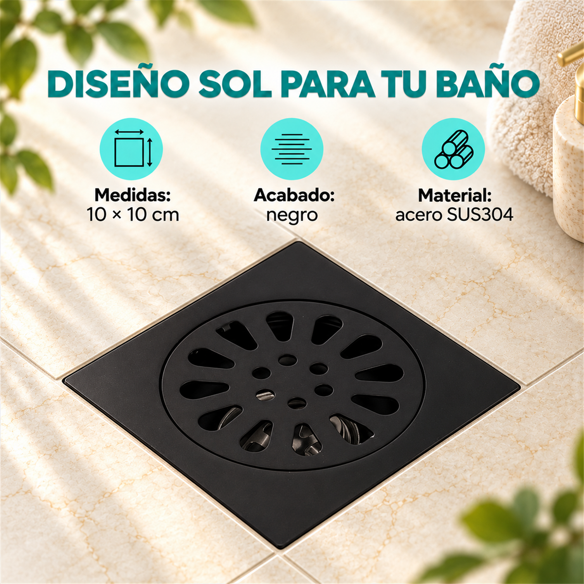 Rejilla De Piso Sol Negra De 10 × 10 cm - Características del producto