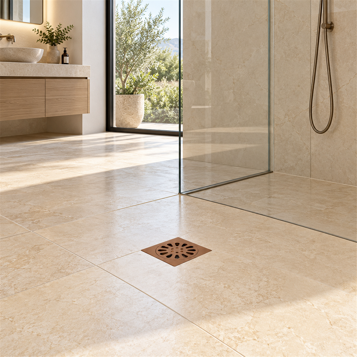 Rejilla De Piso Sol En Oro Rosa De 10 × 10 cm - Ambientación amplia con escala natural