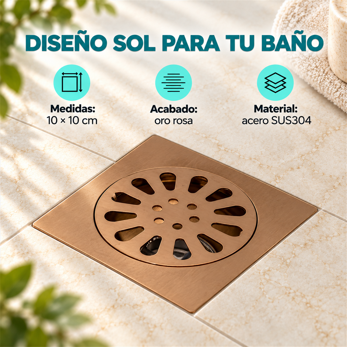 Rejilla De Piso Sol En Oro Rosa De 10 × 10 cm - Características del producto