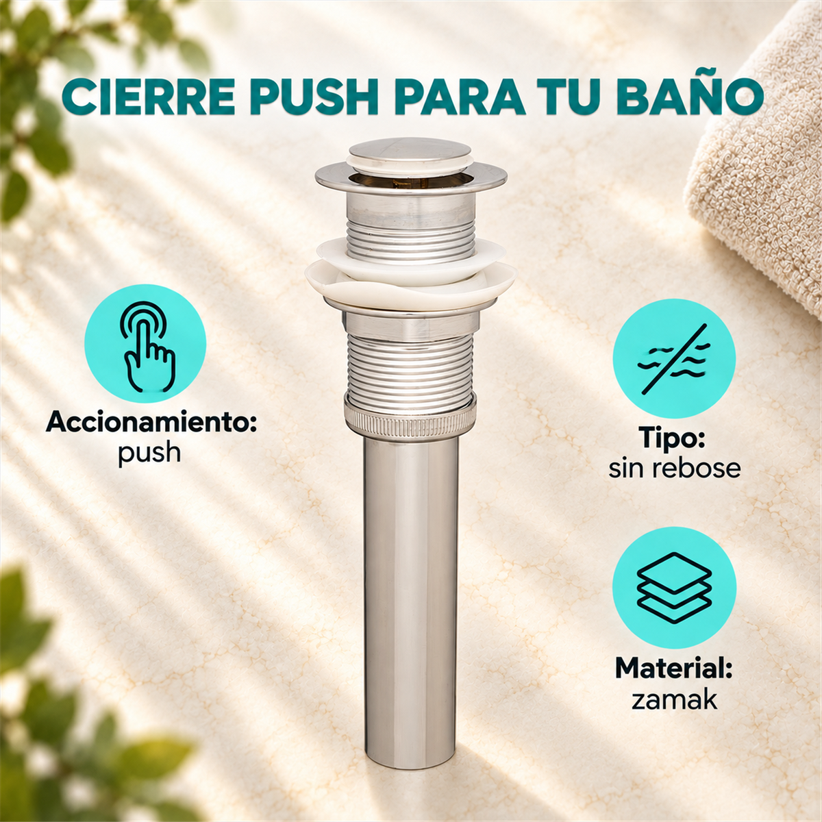 Desagüe Push Tipo Moneda Sin Rebose En Zamak - Características del producto