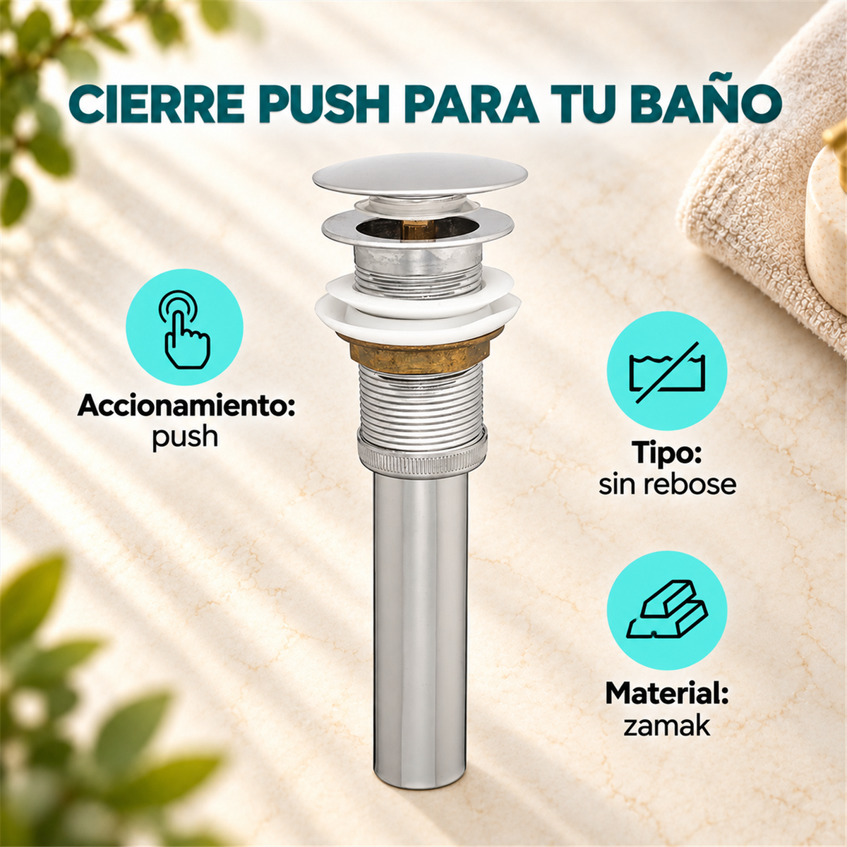 Desagüe Push Tipo Hongo Sin Rebose En Zamak - Características del producto