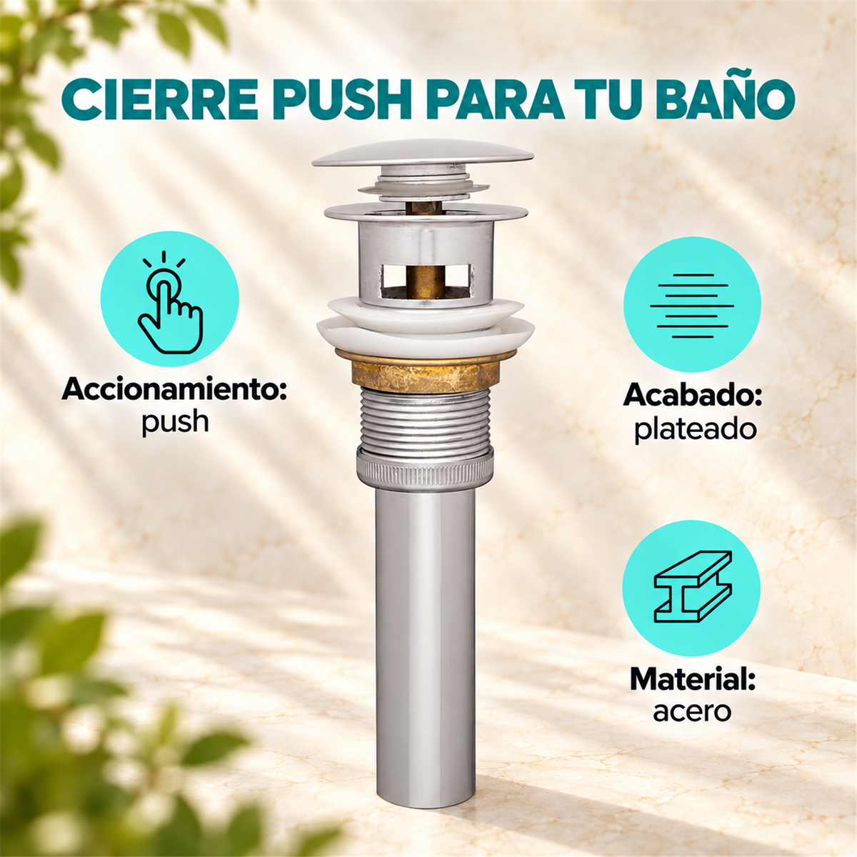 Desagüe Push Hongo En Acero Con Rebose - Características del producto