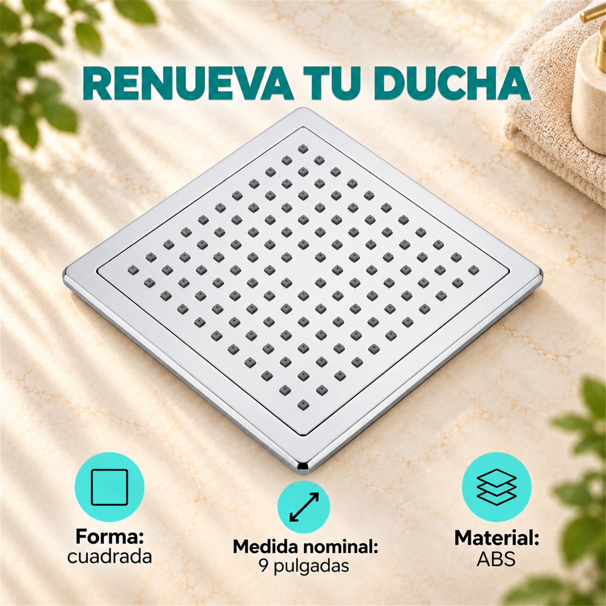 Regadera Cuadrada Slim En ABS Cromado De 9 Pulgadas - Características del producto