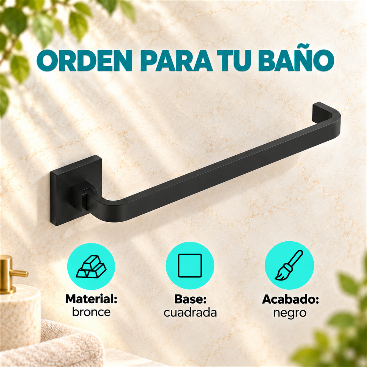 Toallero Corto De Base Cuadrada Negro En Bronce - Características del producto