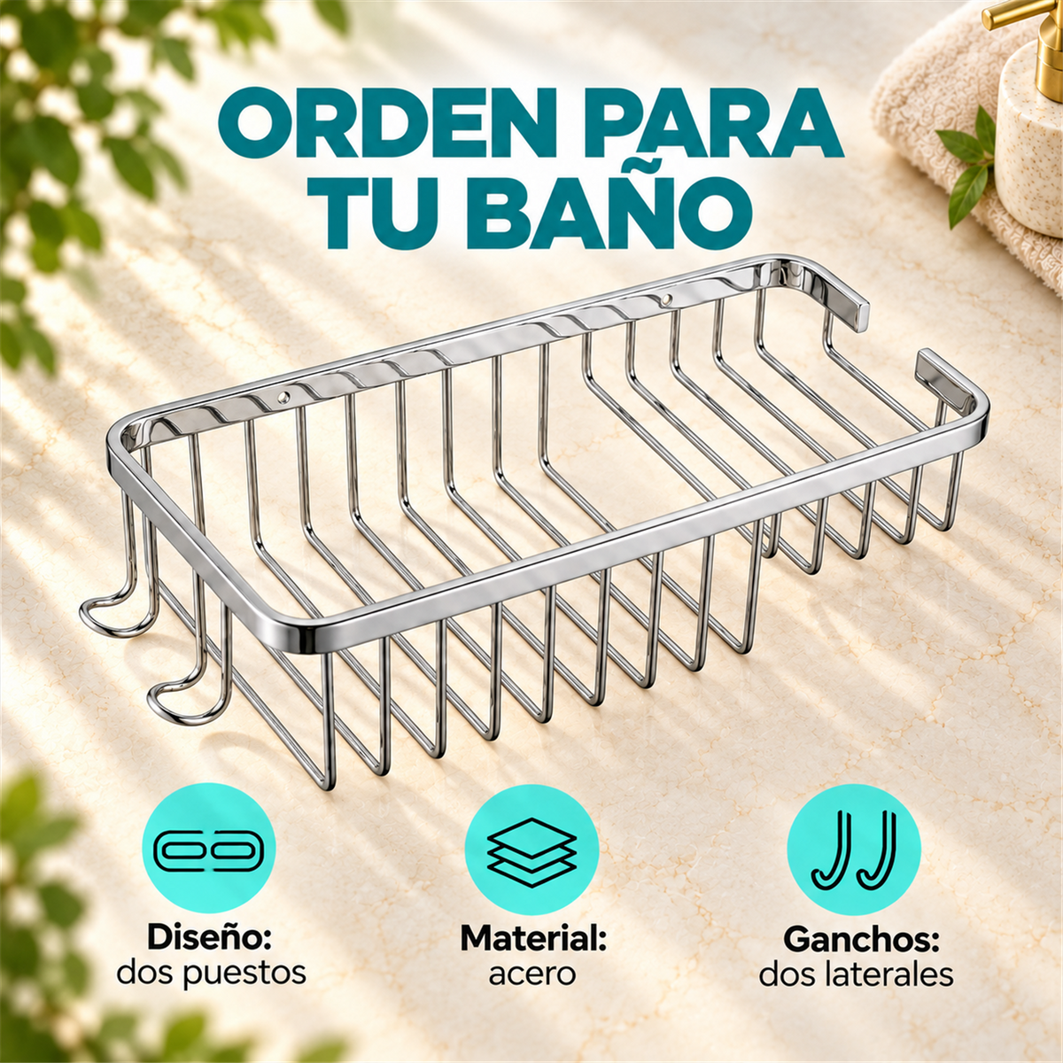 Jabonera Rectangular De Dos Puestos Con Perchero En Acero - Características del producto