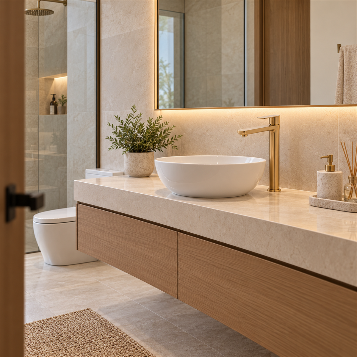 Llave Alta De Agua Fría Para Lavamanos Sleek Dorado Cepillado - Ambientación amplia con escala natural