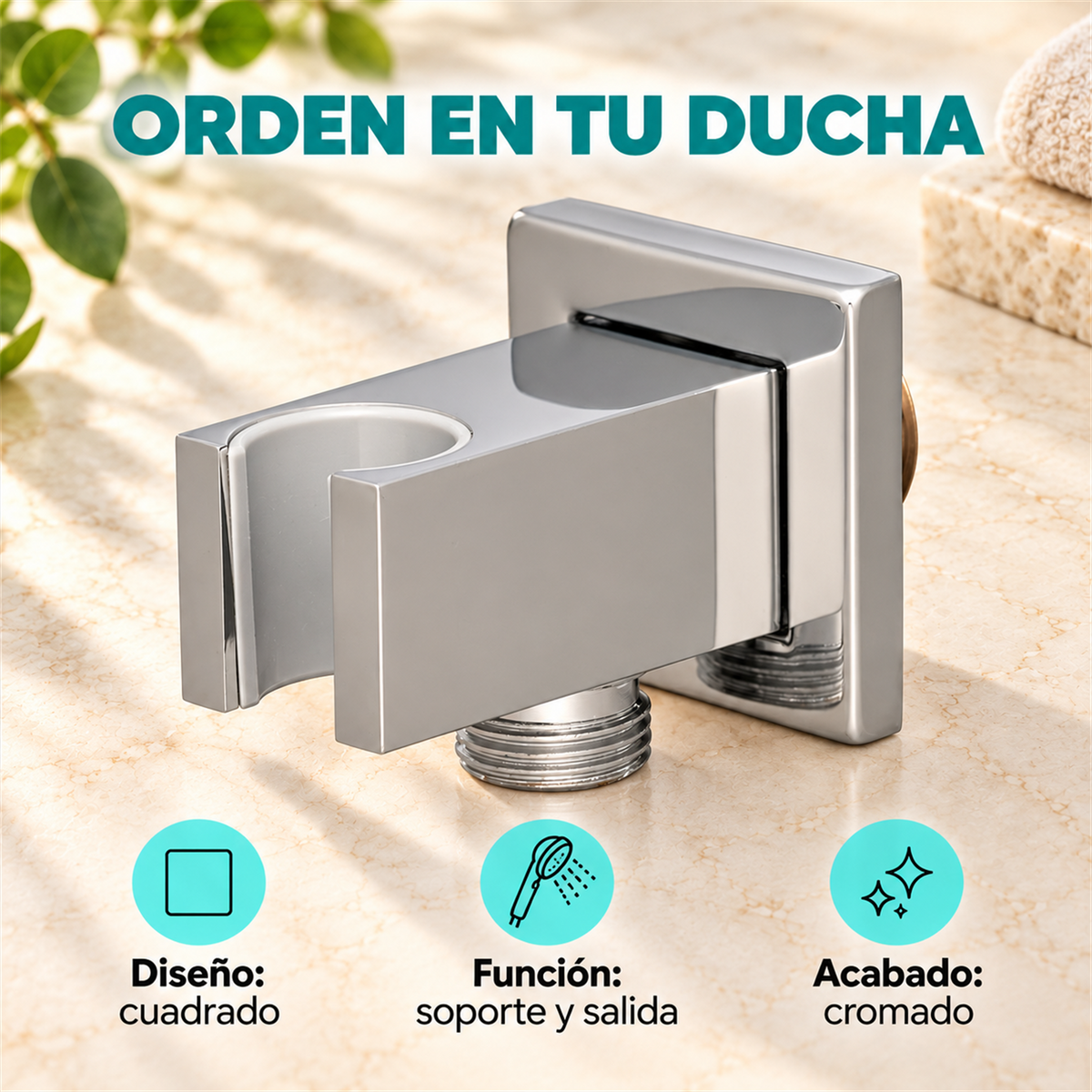 Soporte Cuadrado Para Teleducha Con Salida Cromada - Características del producto