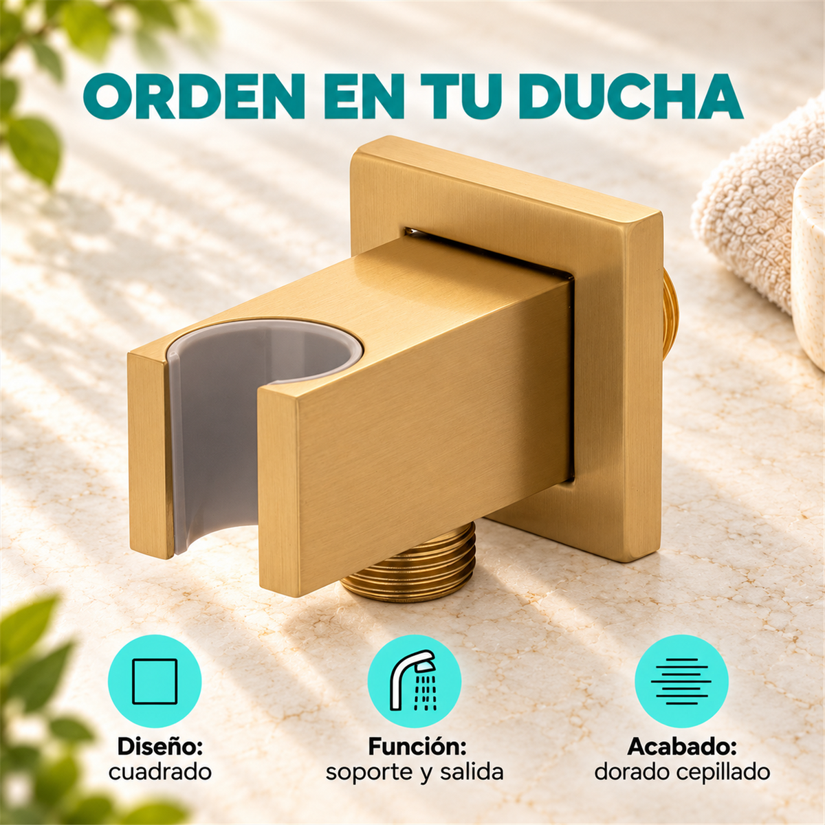 Soporte Cuadrado Para Teleducha Con Salida Dorada Cepillada - Características del producto