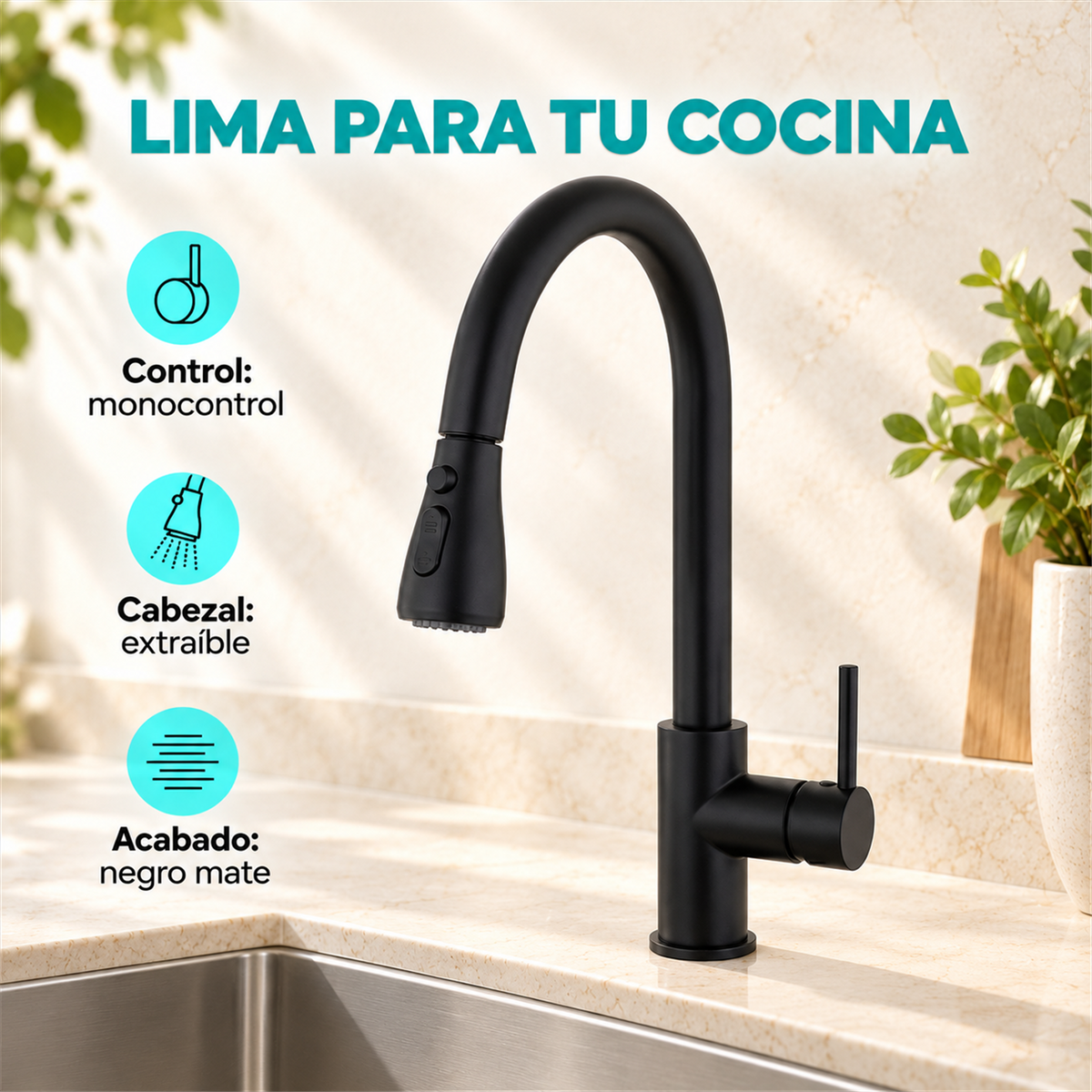 Grifería Monocontrol Lima Extraíble Para Lavaplatos Negra HS-10066 - Características del producto