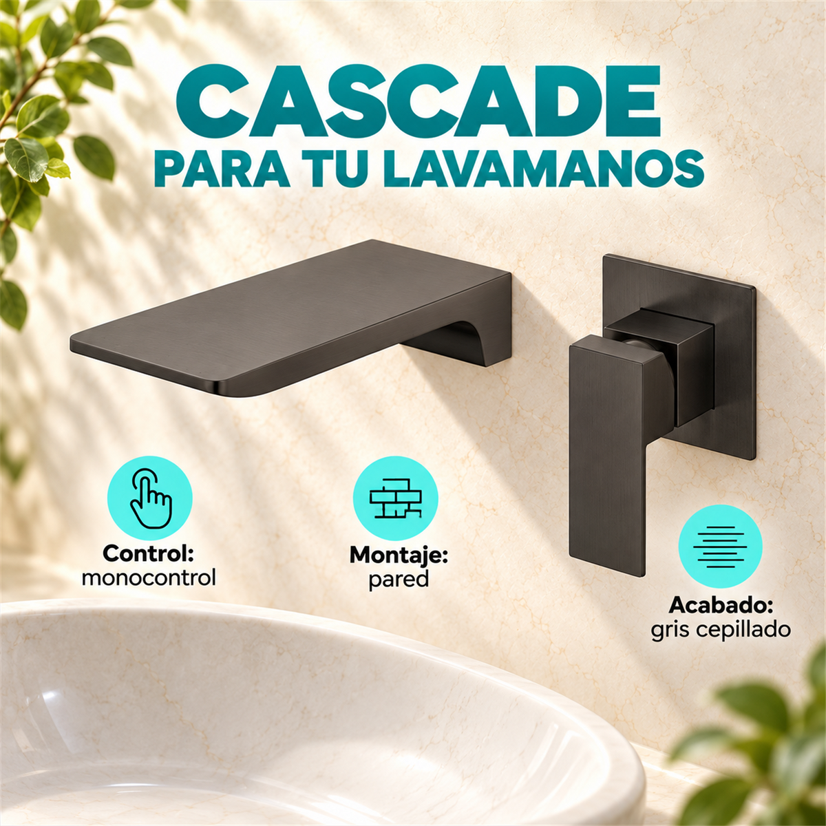 Grifería Monocontrol De Pared Para Lavamanos Cascade Gris Cepillada - Características del producto