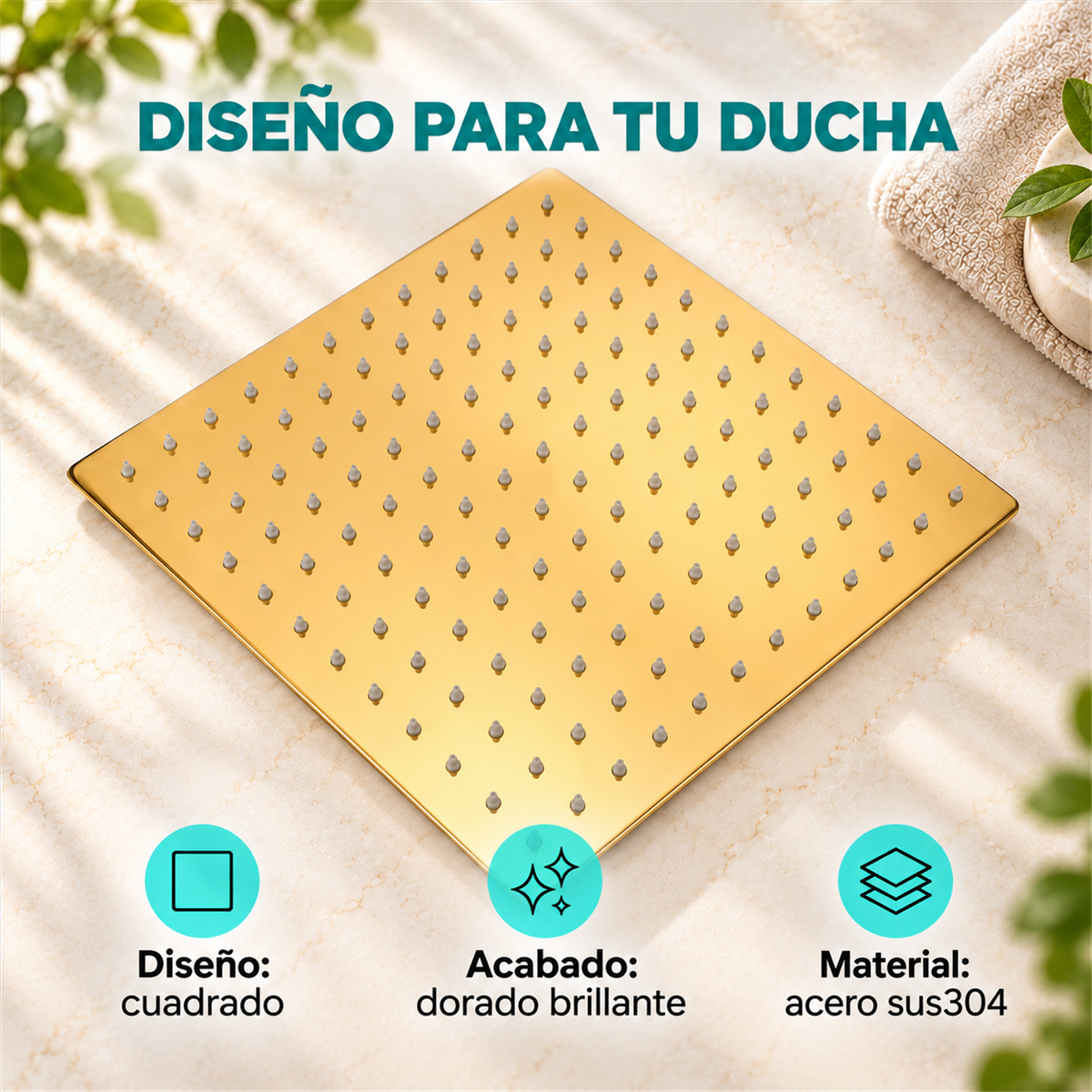 Regadera Cuadrada Dorada En Acero Inoxidable 304 12 Pulgadas - Características del producto