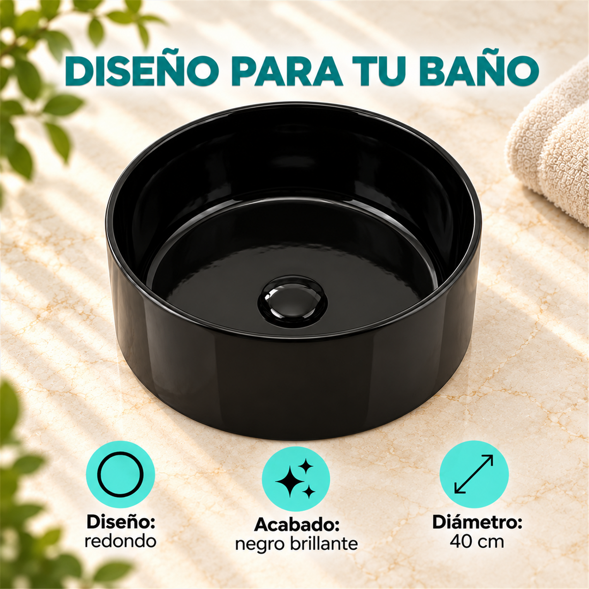 Lavamanos De Sobreponer Samoa Negro Brillante Ø40 cm - Características del producto