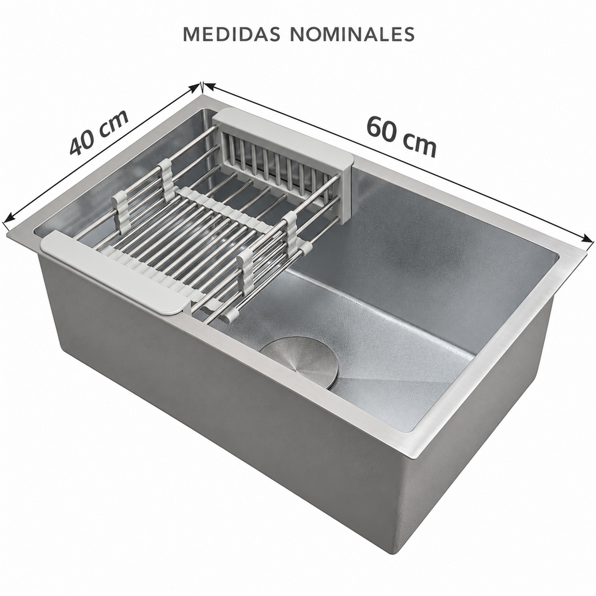 Lavaplatos Rectangular En Acero Inoxidable 304 Brillante 60 × 40 cm - Medidas del producto