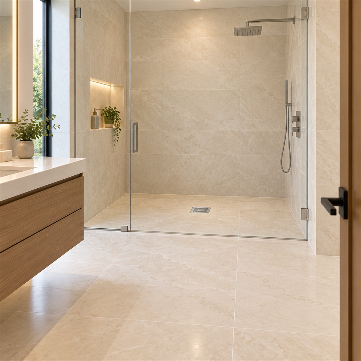 Rejilla De Piso Cuadrada Linezza En Bronce Antirretorno - Ambientación amplia con escala natural