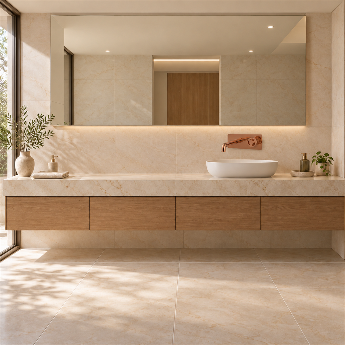 Grifería Monocontrol De Pared Industry Oro Rosa - Ambientación amplia con escala natural