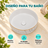 Lavamanos Marui Calacata Blanco Con Borde Dorado Ø35 cm - Características del producto