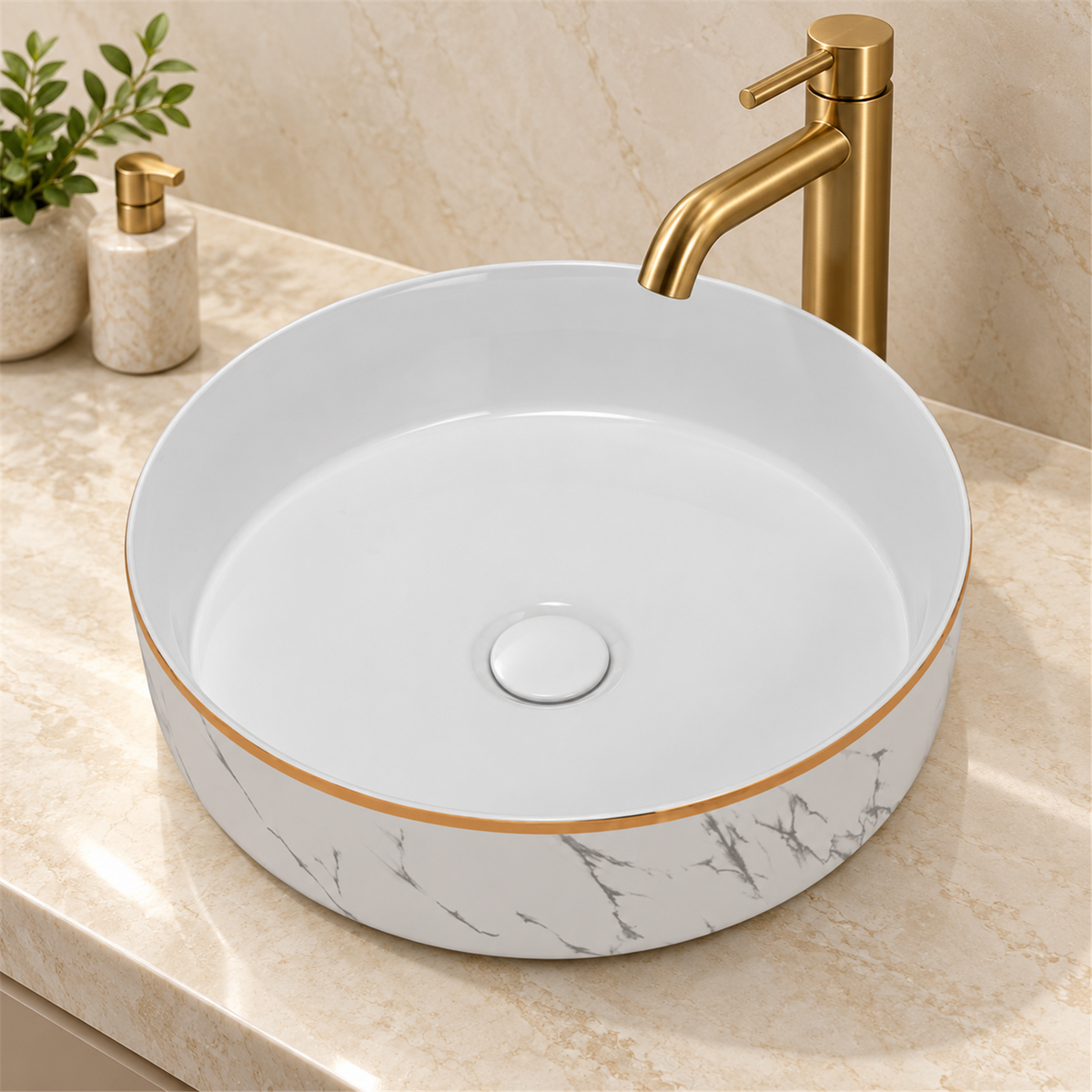 Lavamanos Marui Calacata Blanco Con Borde Dorado Ø35 cm - Vista cercana del producto