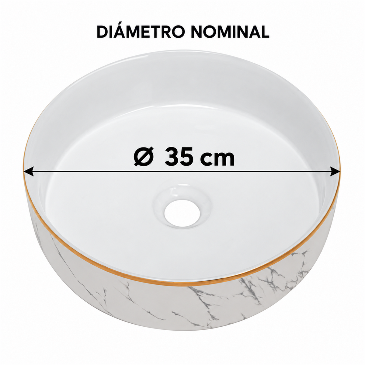 Lavamanos Marui Calacata Blanco Con Borde Dorado Ø35 cm - Medidas del producto