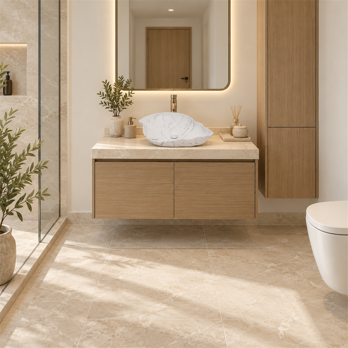 Lavamanos Hoja Calacata Blanco 57 × 40 cm - Ambientación amplia con escala natural