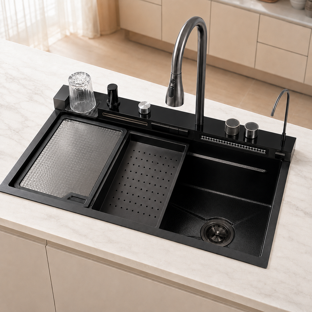 Lavaplatos inteligente Pamo negro 75 x 46 cm instalado en cocina moderna