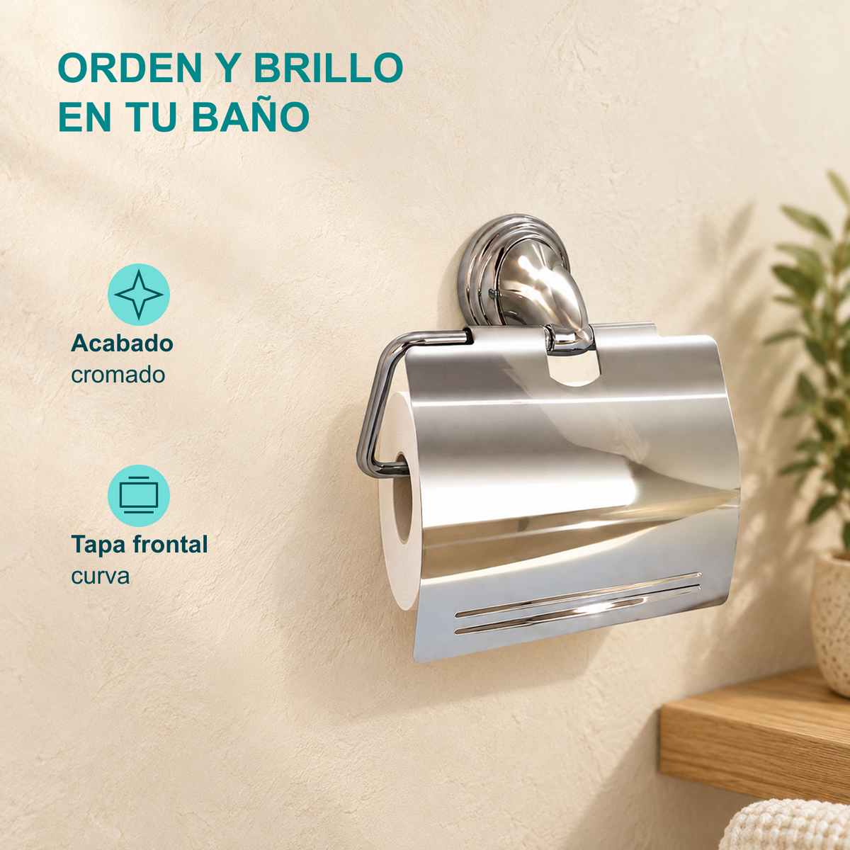 Características del portapapel: acabado cromado y tapa frontal curva, integrado en un baño cálido.