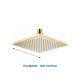 Dimensiones de Regadera Cuadrada Metálica Dorada de 8 Pulgadas: Tamaño nominal: 8 pulgadas.
