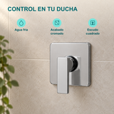 Registro de ducha armado para agua fría con acabado cromado, escudo cuadrado y palanca hacia abajo