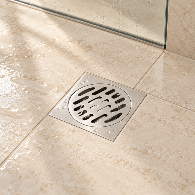 Rejilla de piso de acero inoxidable instalada al ras del piso con tapa circular cerrada