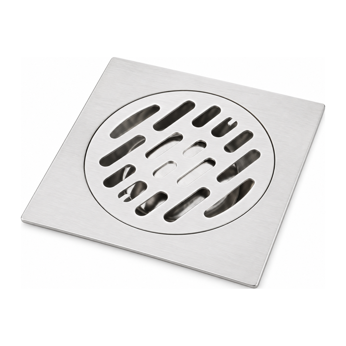 Rejilla de piso cuadrada de acero inoxidable con tapa circular ranurada sobre fondo blanco
